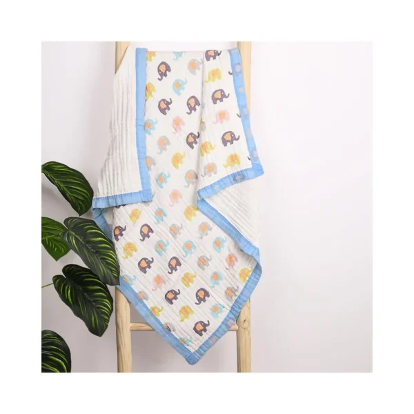 Mom's Home Pure Organic Cotton 6 Layer Muslin Blanket Blue Elephant