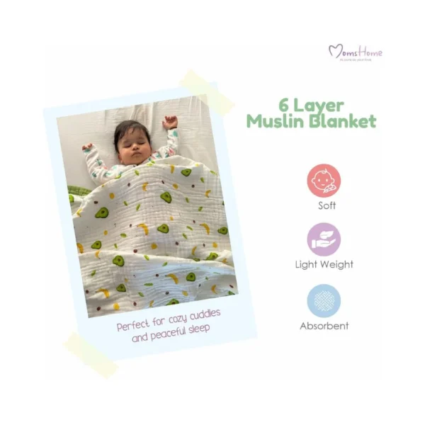 Moms Home Organic Cotton Baby Muslin 6 Layer Blanket | 100 x100 cm | 0-3 Years | Pack of 1 - Image 6