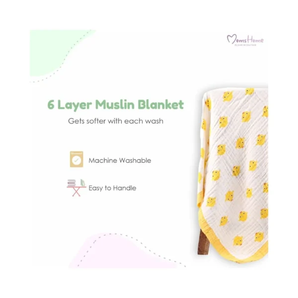 Moms Home Organic Cotton Baby Muslin 6 Layer Blanket | 100 x100 cm | 0-3 Years | Pack of 1 - Image 2