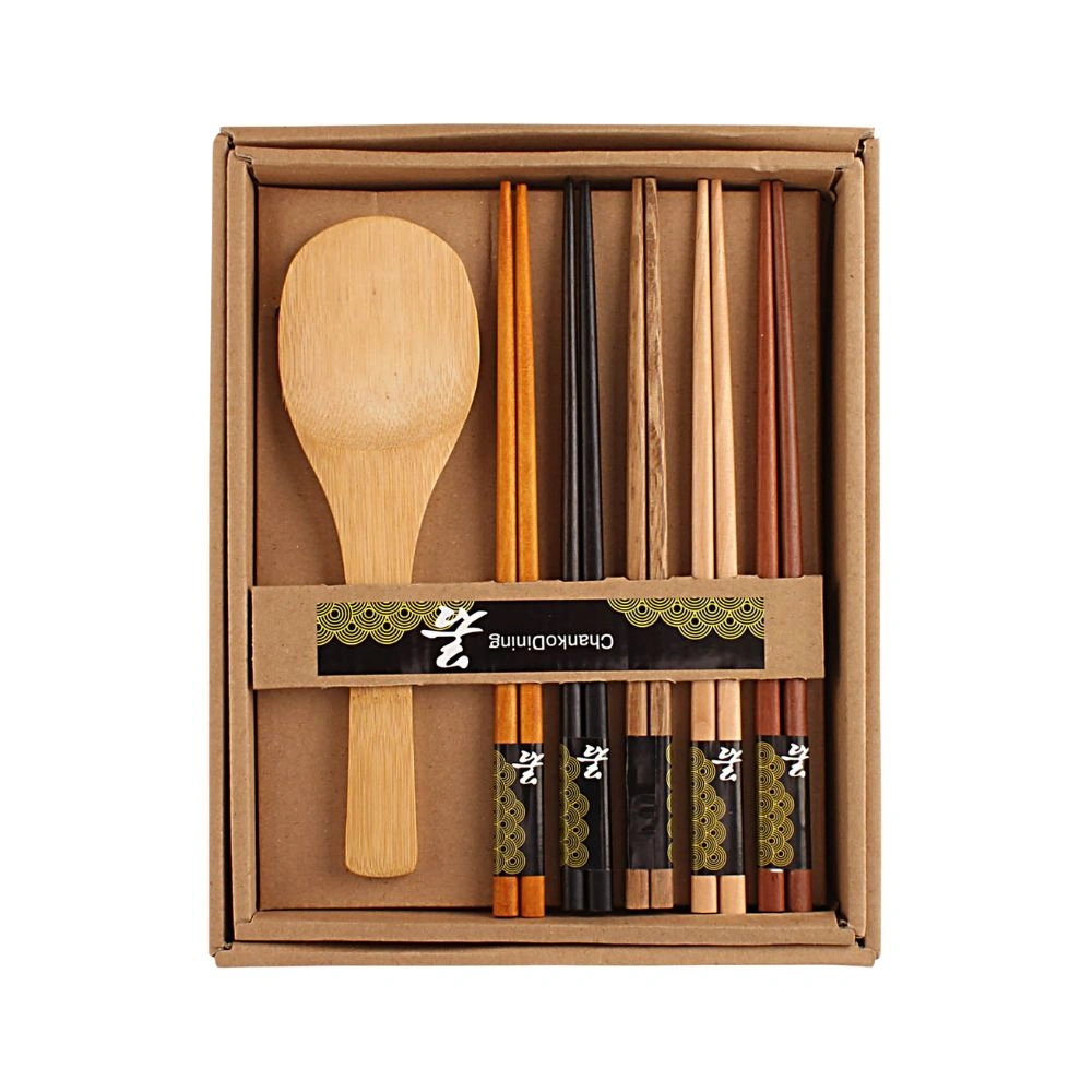 Hokipo 5 Pairs Wooden Bamboo Chopsticks with Rice Serving Spoon | 200 g