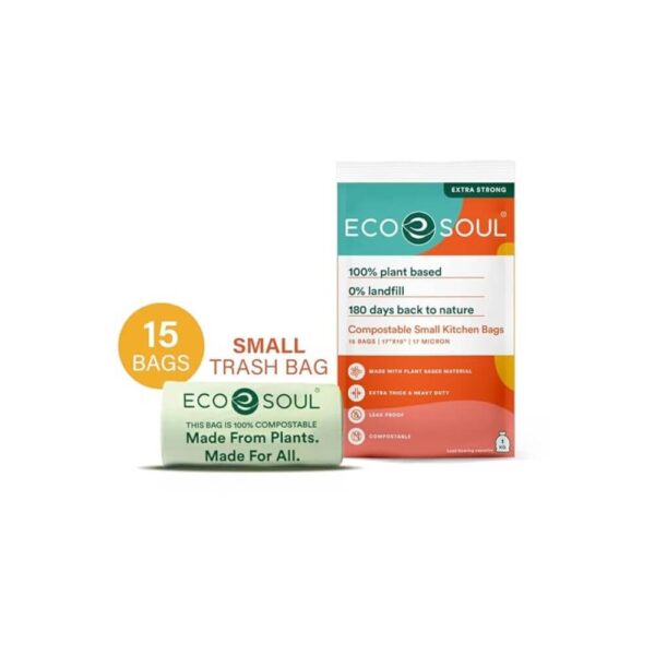 Eco Soul Organic Small Compostable Trash Bags | Eco-friendly Biodegradable Bags for Garbage Bins | Heavy Duty & Leak-Resistant | Home, Office & Kitchen Use (43 x 48 cm) [17 inch x 19 inch, 15 Pack] | 140 g