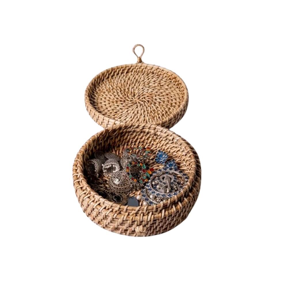 The Assam Admiration Cane Wicker Jute Holder Organiser Round Jewellery Box | 454 g
