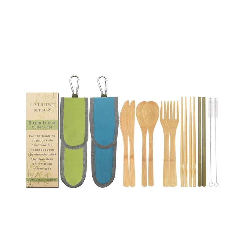 UPTRUST 2 Set Bamboo Cutlery Set Bamboo Travel Utensil Reusable Organic Bamboo Utensil Fork Knife Spoon Chopsticks Straw Cleaning Brush for Travel Picnic School Office | 154 g